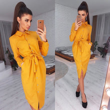 Load image into Gallery viewer, Office Lady Casual Sashes Straight Dress Long Sleeve Turn Down Collar Solid Elegant 2019 New Fashion Vintage Midi Dress