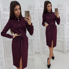 Load image into Gallery viewer, Office Lady Casual Sashes Straight Dress Long Sleeve Turn Down Collar Solid Elegant 2019 New Fashion Vintage Midi Dress